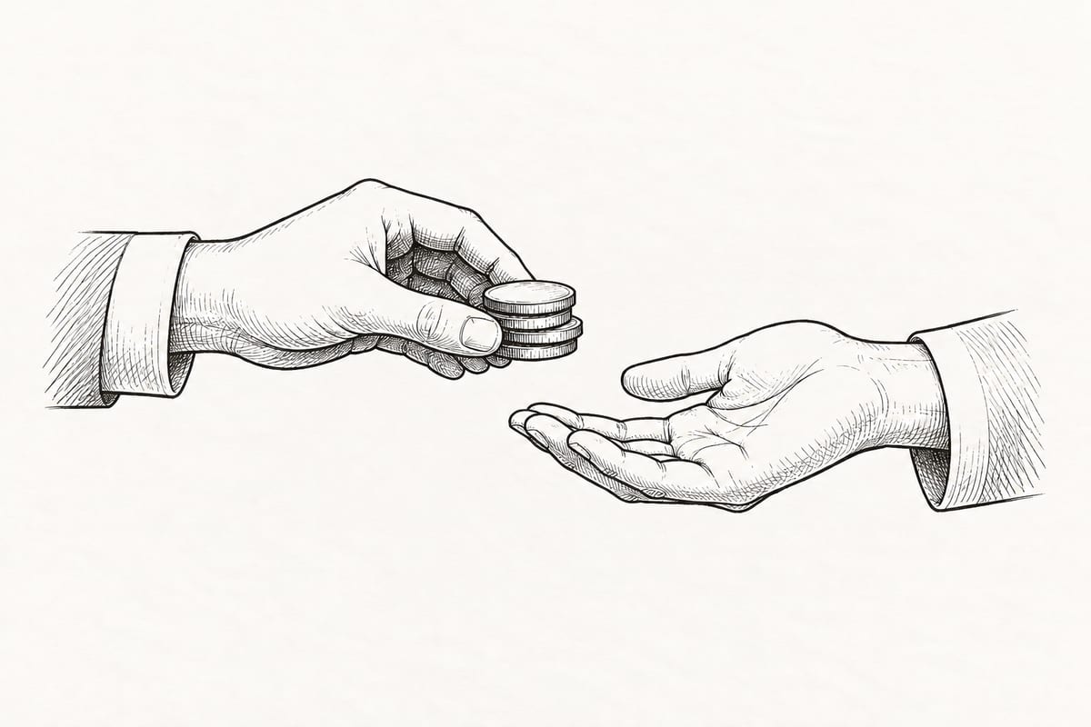 Deux mains échangeant une pile de pièces, dessinées à l’encre noire sur fond blanc cassé, pour illustrer le crédit.